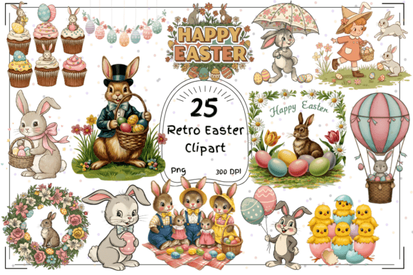 25 Retro Easter Clipart: Vintage Bunny & Egg Illustrations for Festive Crafts