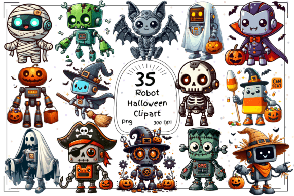 35 Halloween Robot Clipart Set: Design Spooktacular Graphics