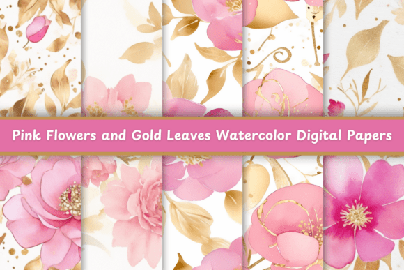 Enrich Your Design Projects with Pink Flowers and Gold Leaves Watercolor